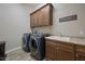 Well-equipped laundry room with modern washer and dryer units and ample cabinet space at 1319 N Chatsworth St, Mesa, AZ 85207