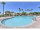 Large community pool with crystal-clear water, framed by towering palm trees and lounge chairs at 17166 W Oberlin Way, Surprise, AZ 85387