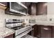 Modern kitchen featuring stainless steel appliances, granite countertops, white backsplash and dark cabinets at 2190 W San Tan Hills Dr, San Tan Valley, AZ 85144