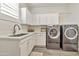 Bright laundry room with modern washer and dryer, sink, cabinets and shutters at 2861 E Camellia Dr, Gilbert, AZ 85296