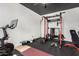 Home gym with workout equipment and weights with black painted ceiling, tile floors, and white painted walls at 4529 S Granite St, Gilbert, AZ 85297