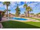 Backyard pool featuring a diving board, lush turf and mature palm trees under a sunny sky at 6208 W Willow Ave, Glendale, AZ 85304