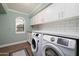 Laundry room with light green wall, white cabinets, and modern washer and dryer at 8155 E Juan Tabo Rd, Scottsdale, AZ 85255