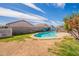 Backyard features a refreshing blue pool, landscaping, and a surrounding fence at 8551 E Kiowa Ave, Mesa, AZ 85209