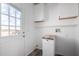 Functional laundry area features white cabinets, shelving, folding counter, and exterior access at 4111 N 313Th Ave, Buckeye, AZ 85396