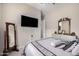 Well-lit bedroom includes a TV, dresser with a mirror, and is furnished with a comfortable bed and neutral decor at 41553 W Springtime Rd, Maricopa, AZ 85138