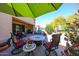 Relaxing backyard with a covered patio, fire pit, and landscaped surroundings at 19427 N 84Th Ave, Peoria, AZ 85382