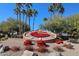 A decorative flower clock surrounded by gravel, red flowers, cacti, and palm trees at 19427 N 84Th Ave, Peoria, AZ 85382
