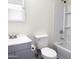 Bathroom featuring updated tub and shower combo, toilet, and grey vanity with sink at 2018 W Western Dr, Chandler, AZ 85224