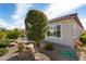 Backyard of house shows gravel, rocks, desert landscaping, and lush bushes at 26616 W Quail Ave, Buckeye, AZ 85396