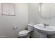 Clean powder room featuring a pedestal sink, toilet, and modern fixtures at 4744 E Tierra Buena Ln, Phoenix, AZ 85032