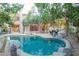Lush backyard with a sparkling pool, patio seating, and mature trees, creating a serene and private retreat at 802 N Butte Ave, Chandler, AZ 85226