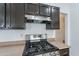 Close-up of a modern stainless steel gas range with dark wood cabinets and light countertops at 2444 S Terrell --, Mesa, AZ 85209