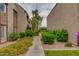 Manicured walkway between buildings featuring green bushes and colorful flowers at this apartment complex at 5995 N 78Th St # 1063, Scottsdale, AZ 85250