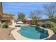 Backyard features a freeform pool, patio, mature shrubs, and stone accents perfect for outdoor enjoyment at 12873 N 175Th Dr, Surprise, AZ 85388