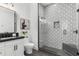Well-designed bathroom featuring a walk-in shower with geometric tiles, a sleek vanity, and modern lighting at 19494 N 98Th Pl, Scottsdale, AZ 85255