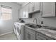 Well-organized laundry room with gray cabinetry, granite countertops and modern washer and dryer units at 26648 W Quail Ave, Buckeye, AZ 85396
