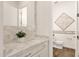 Stylish powder room with a marble countertop vanity, decorative wall panel, and wood-look tile flooring at 14715 N Adero Canyon Dr, Fountain Hills, AZ 85268