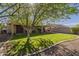 This backyard features a lawn, covered patio, mature shade tree, desert landscaping, and perimeter fencing at 25742 N 103Rd Dr, Peoria, AZ 85383