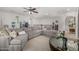 Spacious living room with a large sectional couch, ceiling fan and views of the second floor at 2744 E Donato Dr, Gilbert, AZ 85298