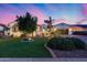 Beautiful home exterior at dusk with manicured lawn, mature trees, and inviting landscape lighting at 20125 E Via Del Rancho --, Queen Creek, AZ 85142
