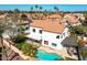 Aerial view of a home highlighting a sparkling pool, landscaped backyard, and covered patio, ideal for outdoor living at 1233 E Azure Sea Ln, Gilbert, AZ 85234