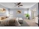 Bright main bedroom featuring neutral paint, ceiling fan, ensuite bathroom, and plant for natural lighting at 1233 E Azure Sea Ln, Gilbert, AZ 85234