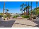 Scenic walkway leading to a serene lake view and featuring lush greenery and palm trees at 1233 E Azure Sea Ln, Gilbert, AZ 85234