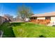 This backyard features a lush lawn, wooden deck, mature tree, and block fence, perfect for outdoor living at 2251 E Remington Pl, Chandler, AZ 85286