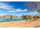 Scenic view of a large pond reflecting the clear blue sky and nearby homes with palm trees on a sunny day at 2909 N 111Th Dr, Avondale, AZ 85392