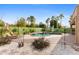 A backyard pool oasis with lush landscaping, palm trees, rock features, and poolside seating at 4297 S Marion Pl, Chandler, AZ 85249