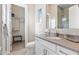 Bathroom featuring a white single sink vanity, walk-in shower, and open closet for a modern look at 5421 E Juniper Canyon Dr, Cave Creek, AZ 85331