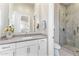 Bright bathroom with walk-in shower, white vanity, framed mirror, and neutral tones for a clean aesthetic at 5421 E Juniper Canyon Dr, Cave Creek, AZ 85331