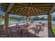 Covered patio area with tables and chairs near tennis courts in a well-maintained community area at 7703 E Sayan St, Mesa, AZ 85207