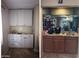 Bar featuring ample cabinet space, granite counters, a wet bar sink, and a mirrored backsplash at 9196 E Evans Dr, Scottsdale, AZ 85260