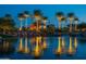 Evening shot of lit palm trees, community clubhouse, and water feature at 42024 W Rosewood Ln, Maricopa, AZ 85138