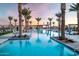 Beautiful community pool surrounded by palm trees, lounge chairs, and a calming sunset at 23146 E Nightingale Rd, Queen Creek, AZ 85142