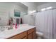 Bathroom featuring a single sink vanity, a large mirror, and a shower with curtain at 25330 N 134Th Dr, Peoria, AZ 85383