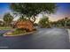 Elegant community entrance with a stone sign, landscaping, and security gates at 2799 E Jade Pl, Chandler, AZ 85286