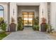 Elegant home entrance with large glass doors flanked by potted plants and modern lighting at 10800 E Cactus Rd # 38, Scottsdale, AZ 85259