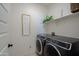 Laundry area with black front load washer/dryer, decor art, and a shelf at 5844 S Tobin --, Mesa, AZ 85212