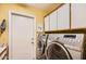 Laundry room with a modern washer and dryer set, ample cabinet space, and a door leading to the exterior at 9130 E Crystal Dr, Sun Lakes, AZ 85248