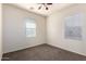 This bedroom features a ceiling fan, neutral carpet and walls, and natural light from two windows at 923 W Wendy Way, Gilbert, AZ 85233