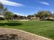 Scenic view of a lush, green community park featuring mature trees and recreational space under a clear blue sky at 1893 S Sinova S Ave, Gilbert, AZ 85295