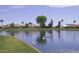 Scenic pond with swans, mature trees, and beautiful views of homes in a peaceful community at 25821 S Hollygreen Dr, Sun Lakes, AZ 85248