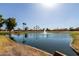 Scenic view of a pond, lined by palm trees, surrounded by community homes at 26632 S Branchwood Ct, Sun Lakes, AZ 85248