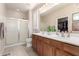 Bathroom featuring a double sink vanity, walk-in shower, and a view into the walk-in closet at 29986 N Jillian Dr, San Tan Valley, AZ 85143