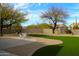 A well manicured backyard featuring artificial turf grass, desert landscaping, and a patio seating area at 7910 E Snowdon Cir, Mesa, AZ 85207