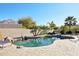 Backyard pool area featuring mature palms, desert landscaping, and a mountain view at 9870 E Little Nugget Way, Gold Canyon, AZ 85118