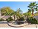 Tranquil backyard showing lush landscaping and a charming circular water feature surrounded by palm trees at 9870 E Little Nugget Way, Gold Canyon, AZ 85118